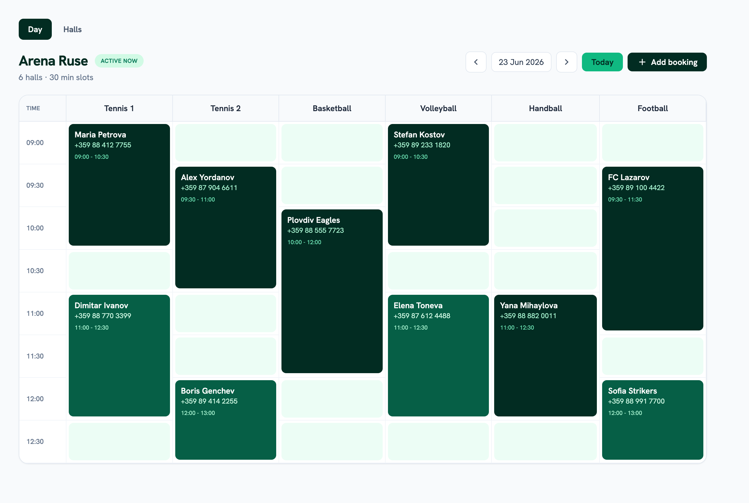 Reservko schedule grid — Arena Ruse
